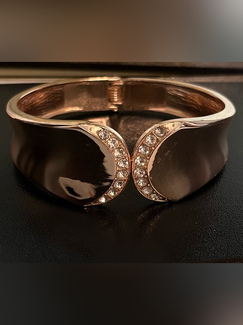 Rose Gold Crescent Crystal Hinged Bangle Bracelet
